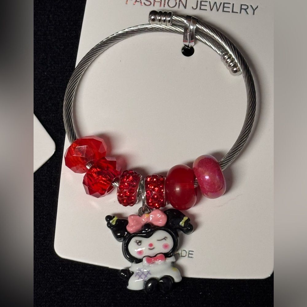 Stainless Steel Kuromi Red and Silver Charm Adjustable Bracelet